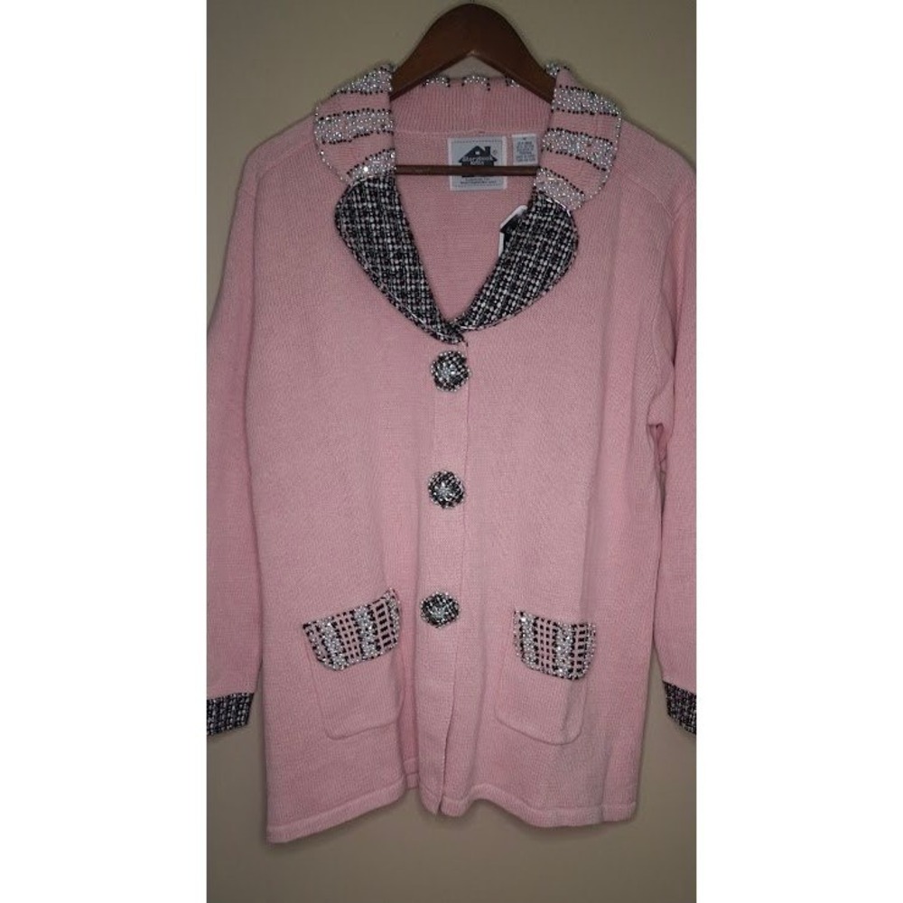 Storybook Knits Pink Cardigan Sweater Tweed Pearl Embellished 1X New With Tags